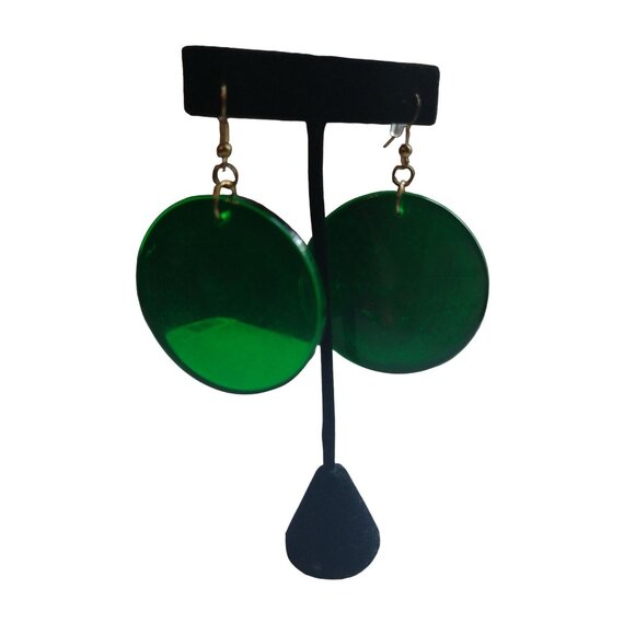 Funky Vintage Large Round Green Disc Earrings - Picture 5 of 5